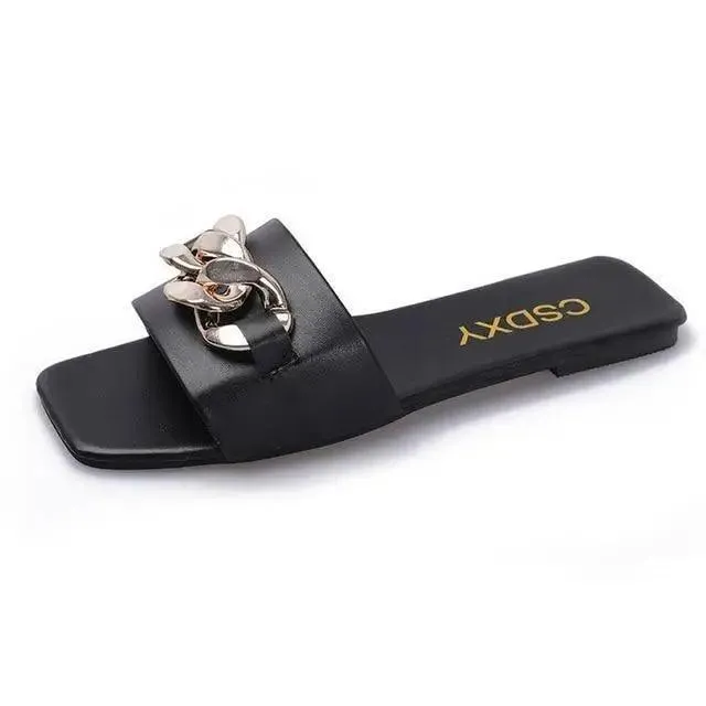 Luxury Women Summer Slipper Square Toe Chain Slippers Fashion Open Toe Metal Chain Beach Shopping Party Flip Flops For Women