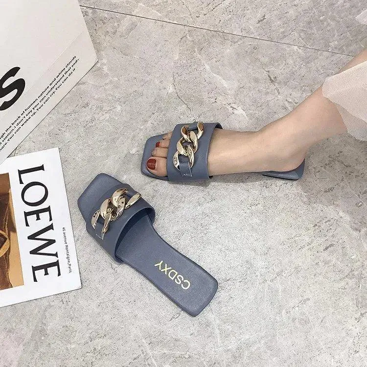 Luxury Women Summer Slipper Square Toe Chain Slippers Fashion Open Toe Metal Chain Beach Shopping Party Flip Flops For Women