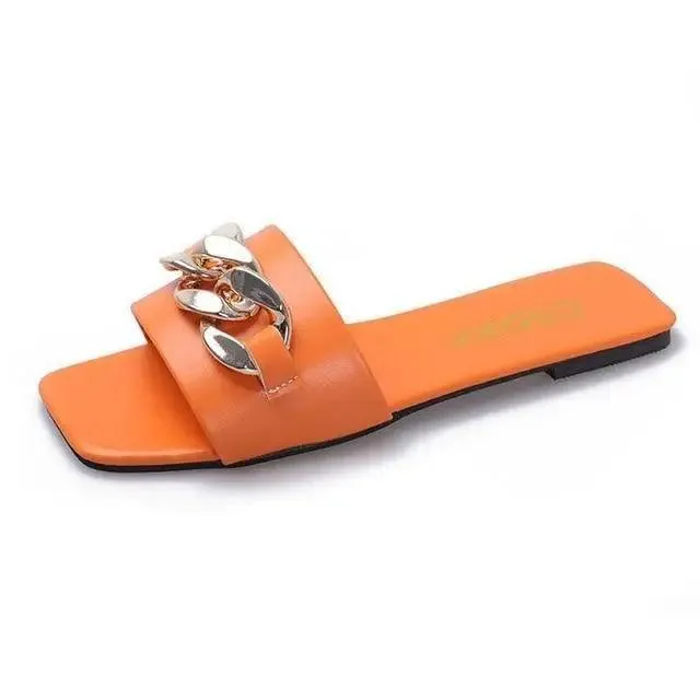 Luxury Women Summer Slipper Square Toe Chain Slippers Fashion Open Toe Metal Chain Beach Shopping Party Flip Flops For Women