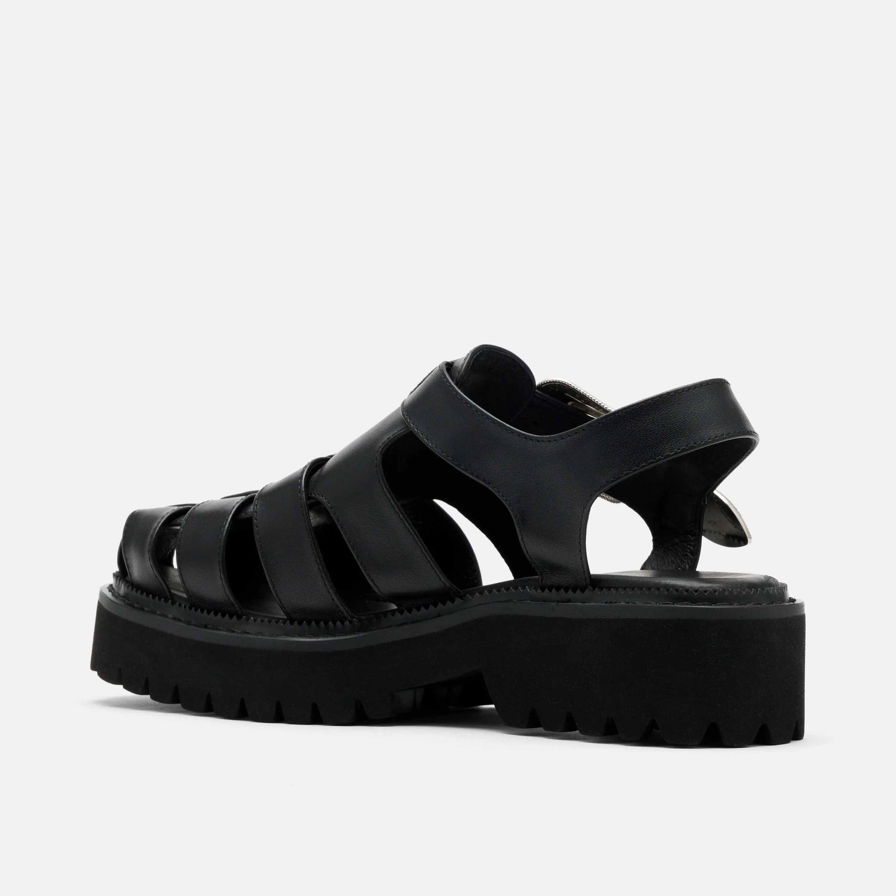 Maya Black Leather Lug Fisherman Sandals
