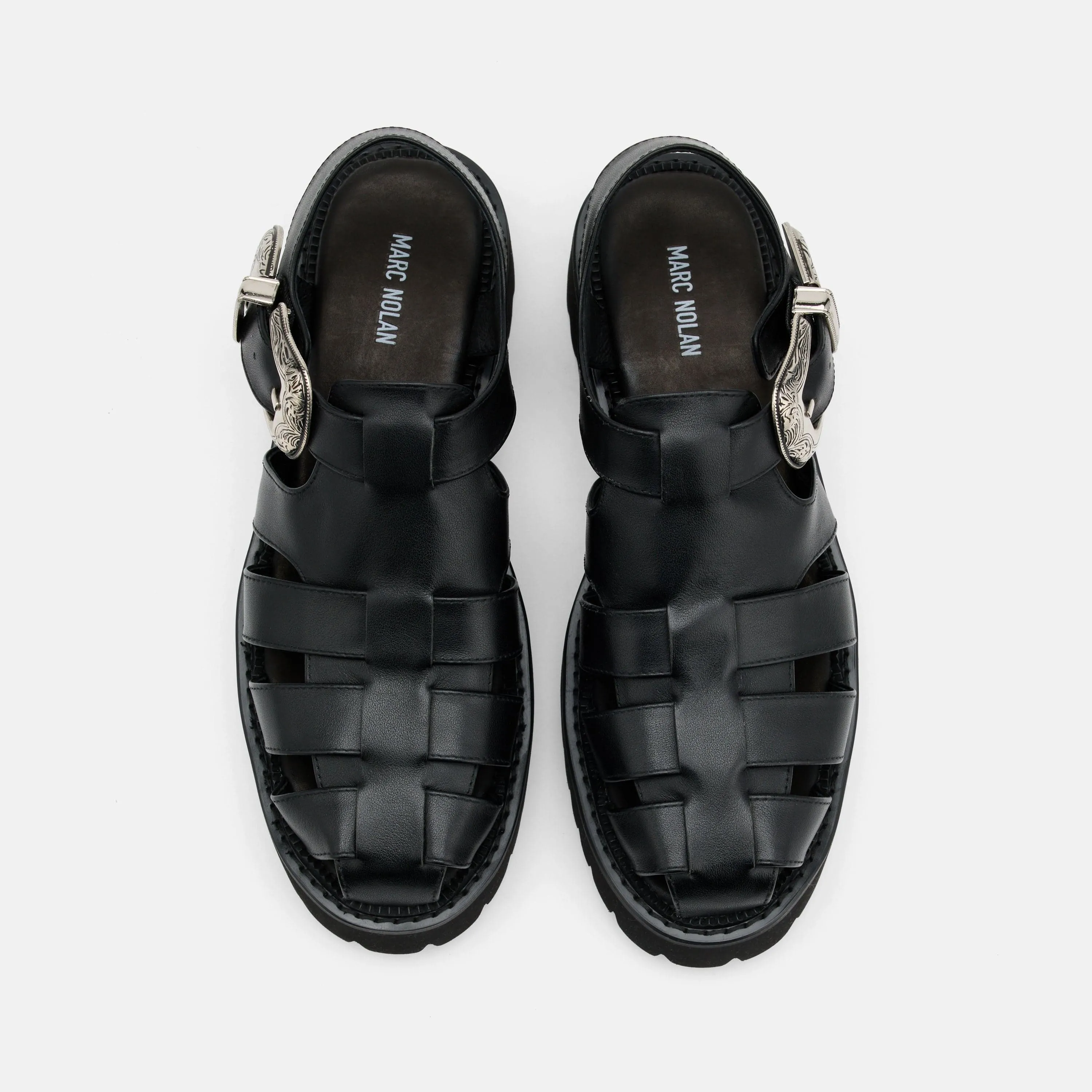 Maya Black Leather Lug Fisherman Sandals