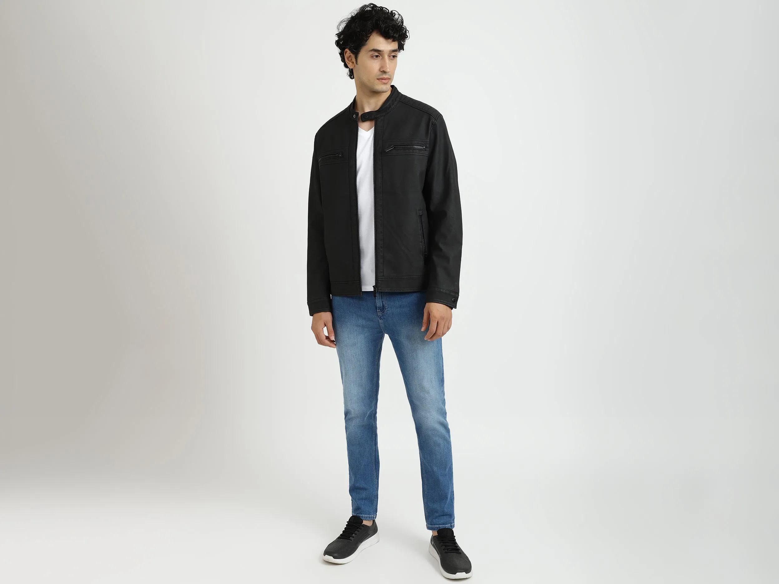Men Solid Band Collar Jacket