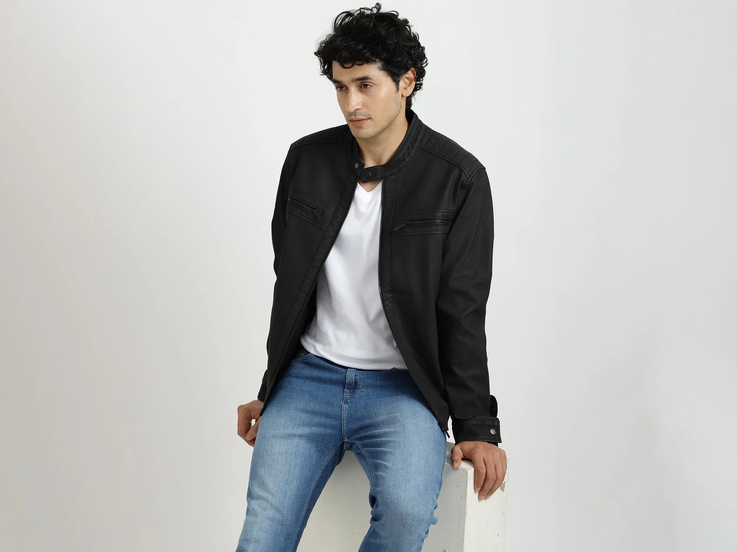 Men Solid Band Collar Jacket
