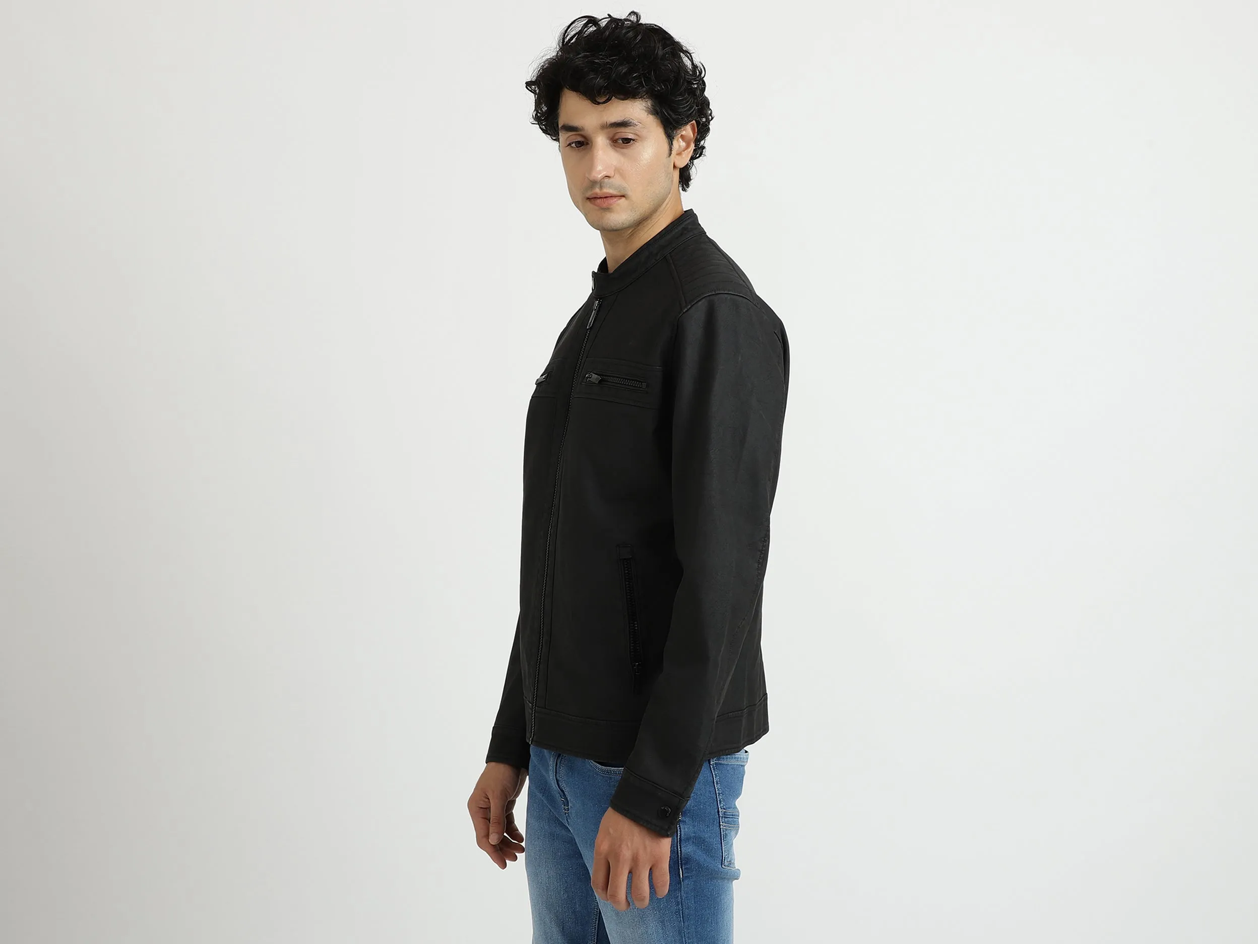 Men Solid Band Collar Jacket