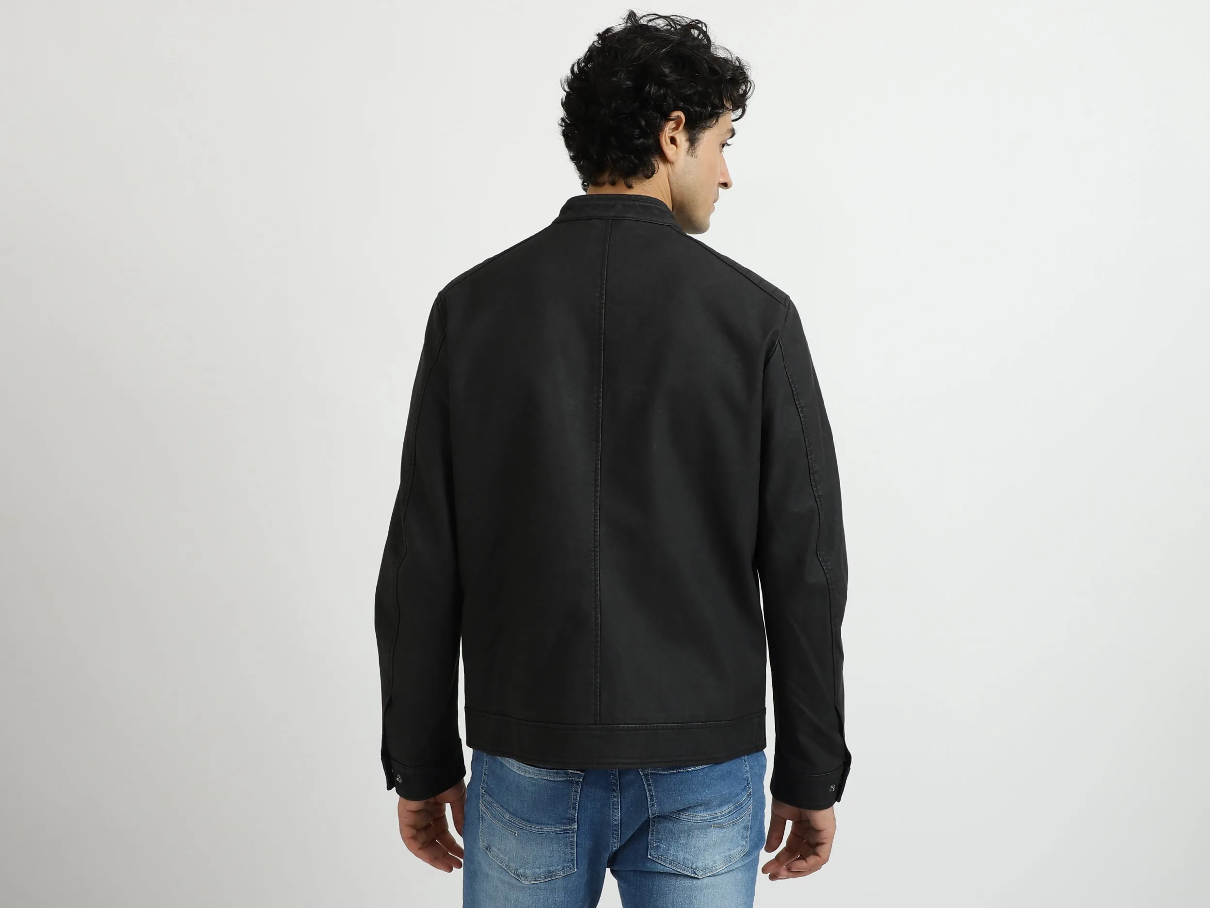 Men Solid Band Collar Jacket
