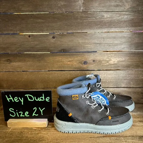 New NWT Big Kids Hey Dude Bradley Gray Leather Ankle Chukka Boots Size‎ 2 Y