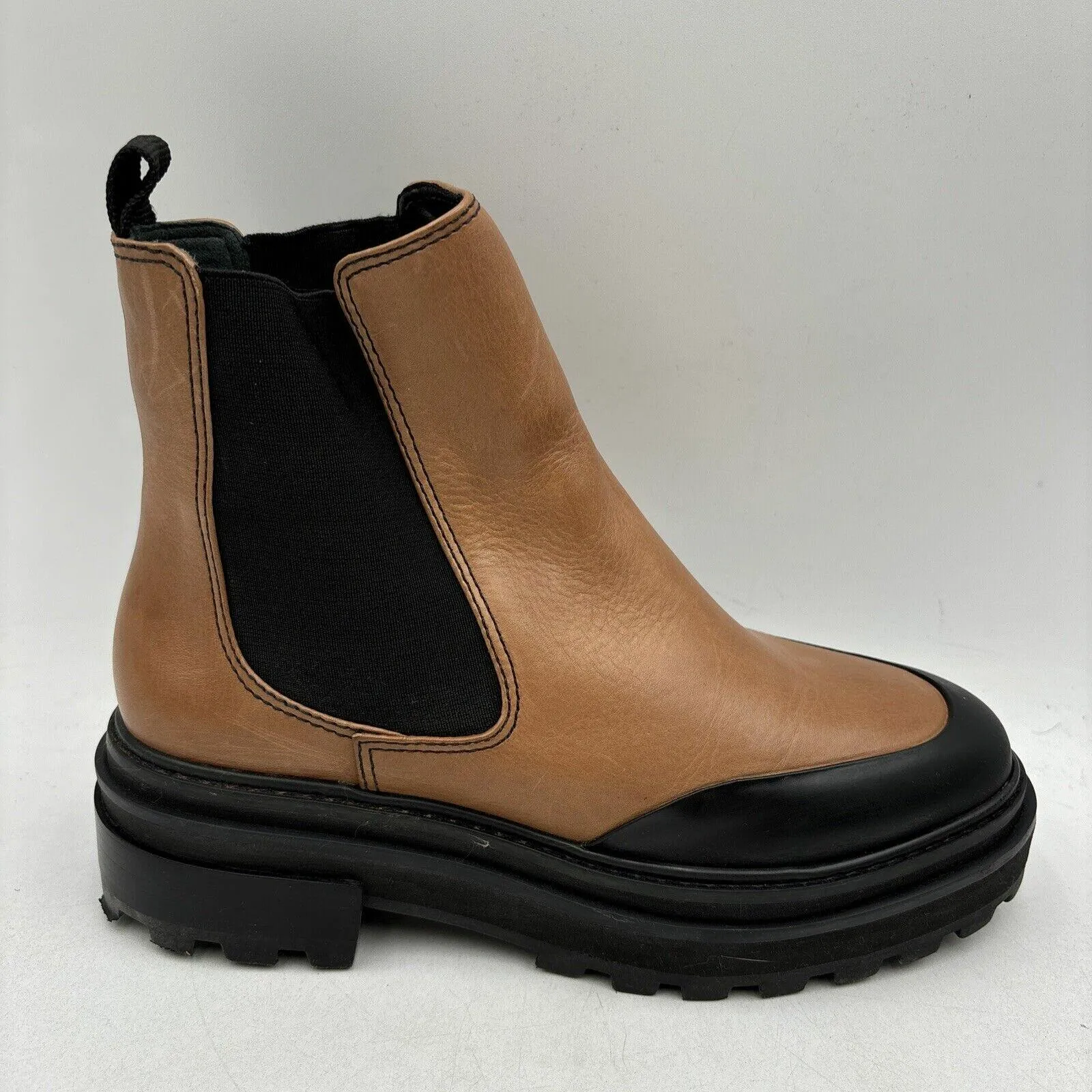 NWB AQUA Mud Guard Brown/Black Leather Round Toe Chunky Sole Chelsea Boots, 6.5B