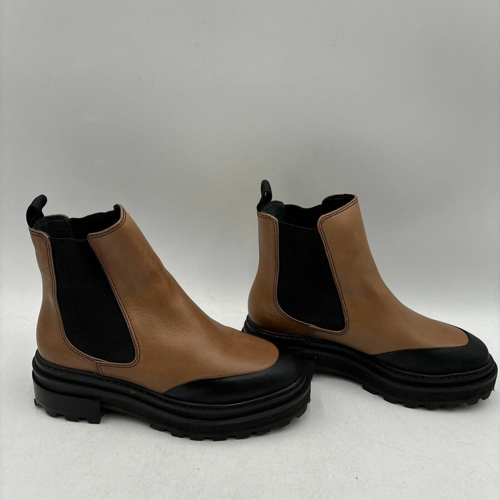 NWB AQUA Mud Guard Brown/Black Leather Round Toe Chunky Sole Chelsea Boots, 6.5B