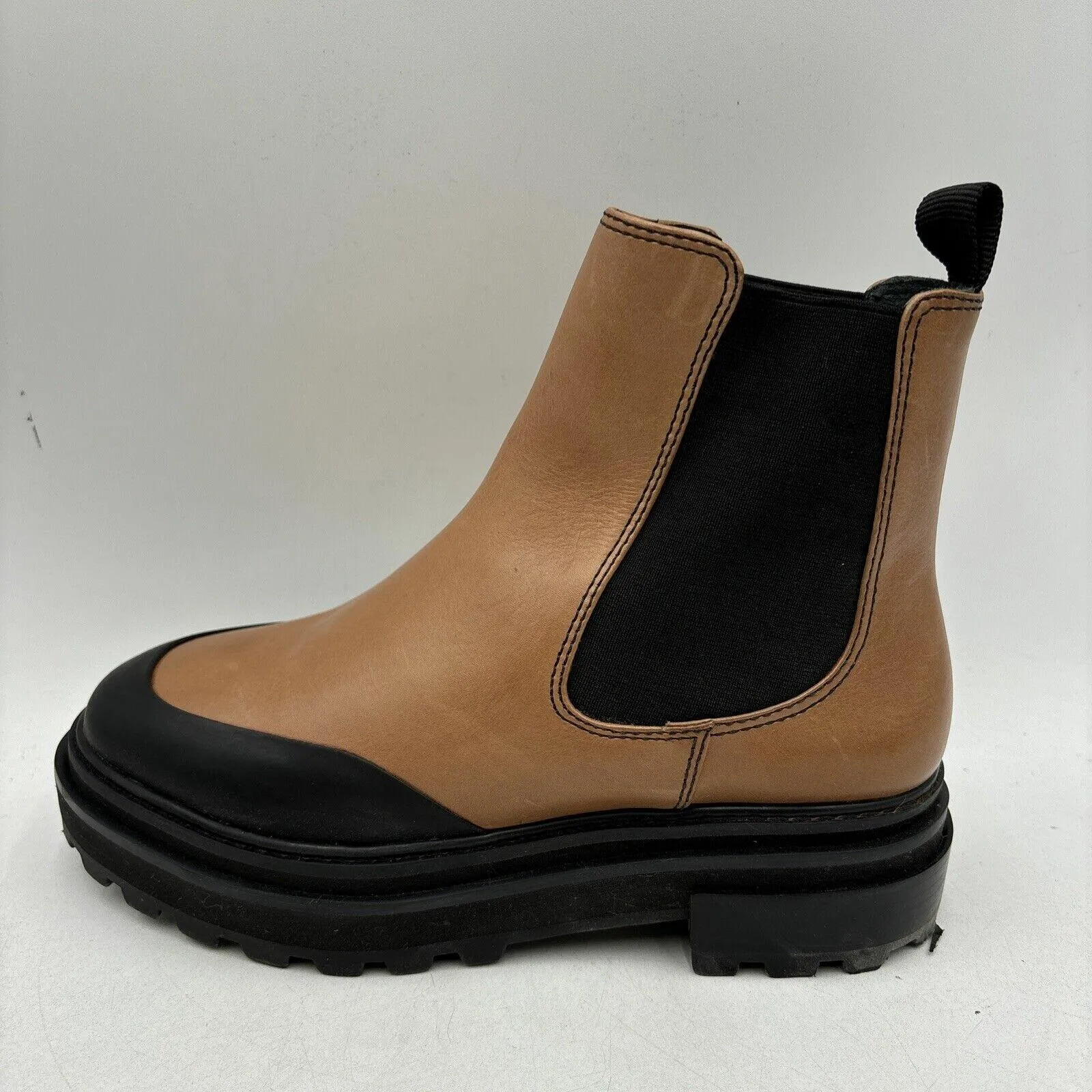 NWB AQUA Mud Guard Brown/Black Leather Round Toe Chunky Sole Chelsea Boots, 6.5B