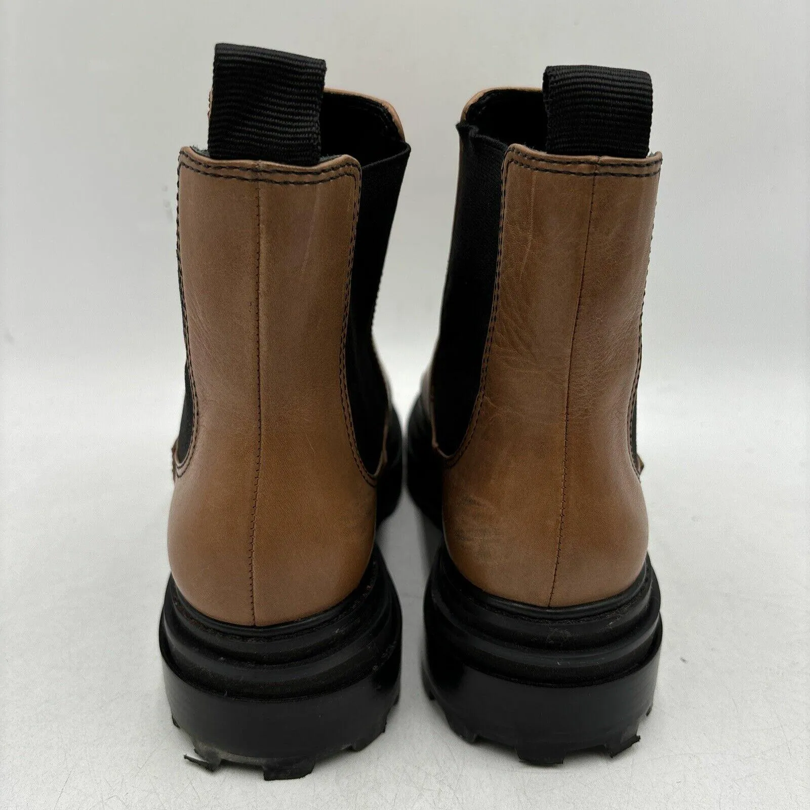 NWB AQUA Mud Guard Brown/Black Leather Round Toe Chunky Sole Chelsea Boots, 6.5B
