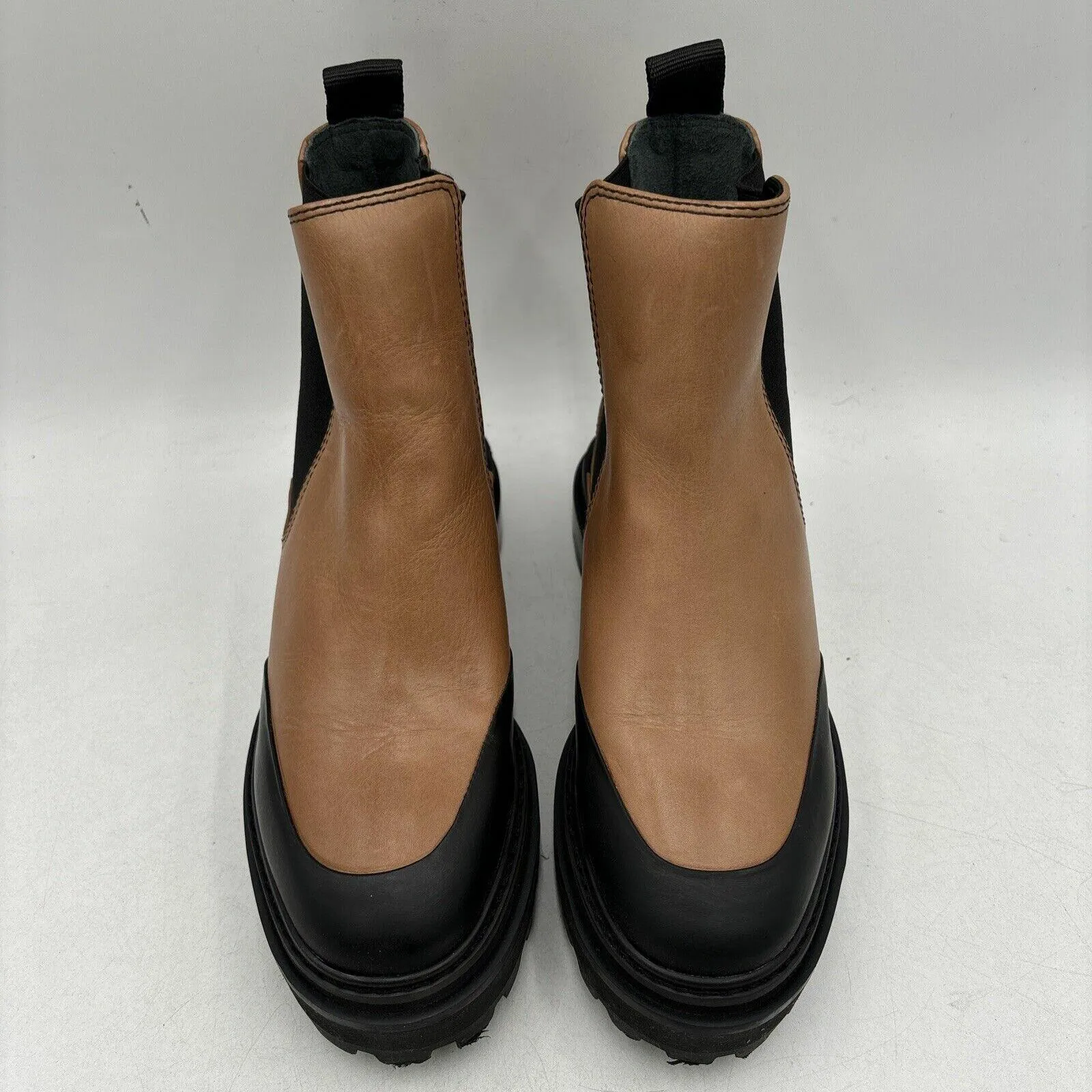 NWB AQUA Mud Guard Brown/Black Leather Round Toe Chunky Sole Chelsea Boots, 6.5B