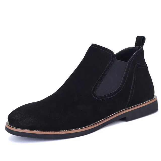 OUDINIAO Spring Fashion 2018 Chelsea Boots Men Slip On Cow Suede Cowboy Boots Mens Round Toe Split Leather Men Ankle Boots Black