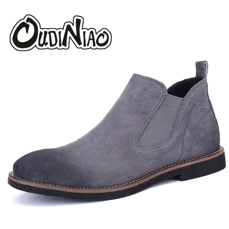 OUDINIAO Spring Fashion 2018 Chelsea Boots Men Slip On Cow Suede Cowboy Boots Mens Round Toe Split Leather Men Ankle Boots Black
