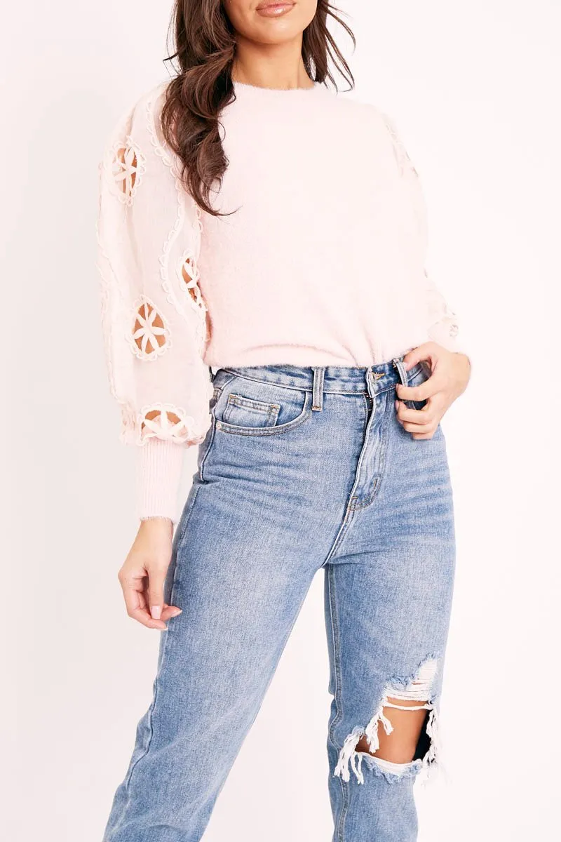Pink Fluffy Yarn Crochet Mesh Sleeve Jumper - Brigitte