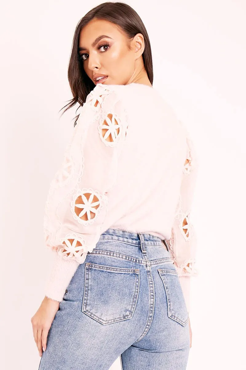 Pink Fluffy Yarn Crochet Mesh Sleeve Jumper - Brigitte