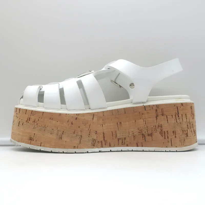 Prada Cork Platform Fisherman Sandals White Rubber Size 38