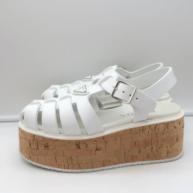 Prada Cork Platform Fisherman Sandals White Rubber Size 38