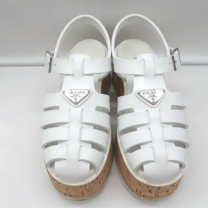 Prada Cork Platform Fisherman Sandals White Rubber Size 38