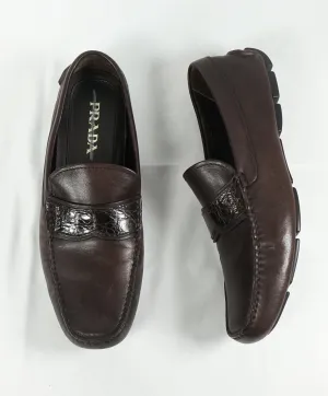 PRADA - Genuine Crocodile Skin Strap Driving Loafers Brown - 10.5
