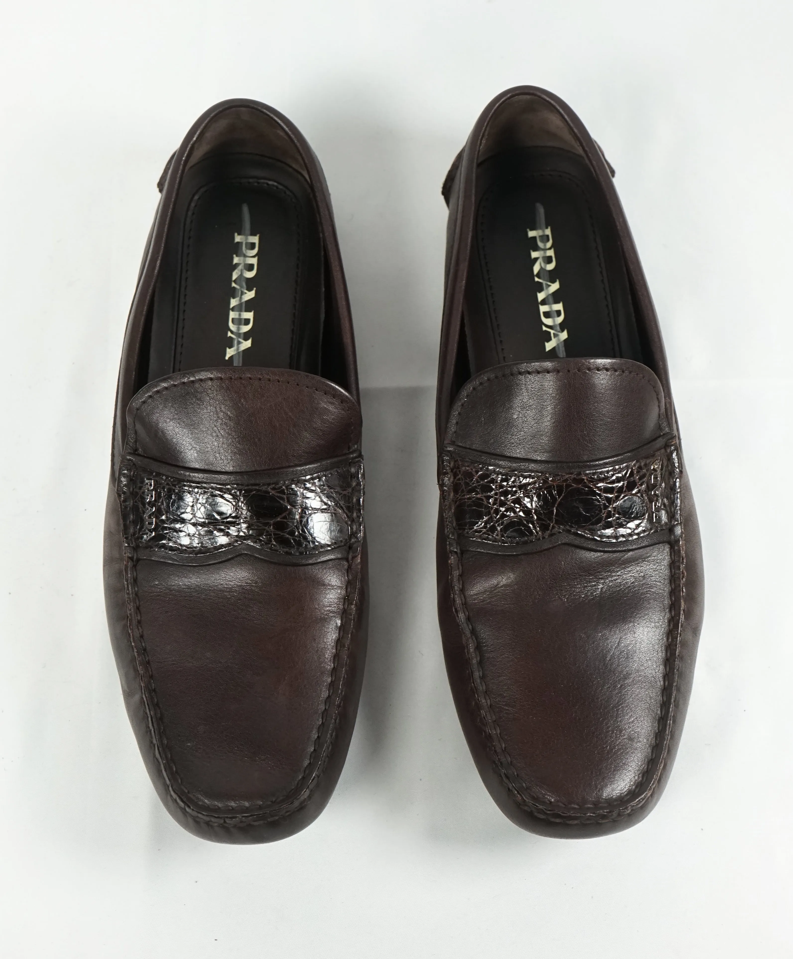 PRADA - Genuine Crocodile Skin Strap Driving Loafers Brown - 10.5