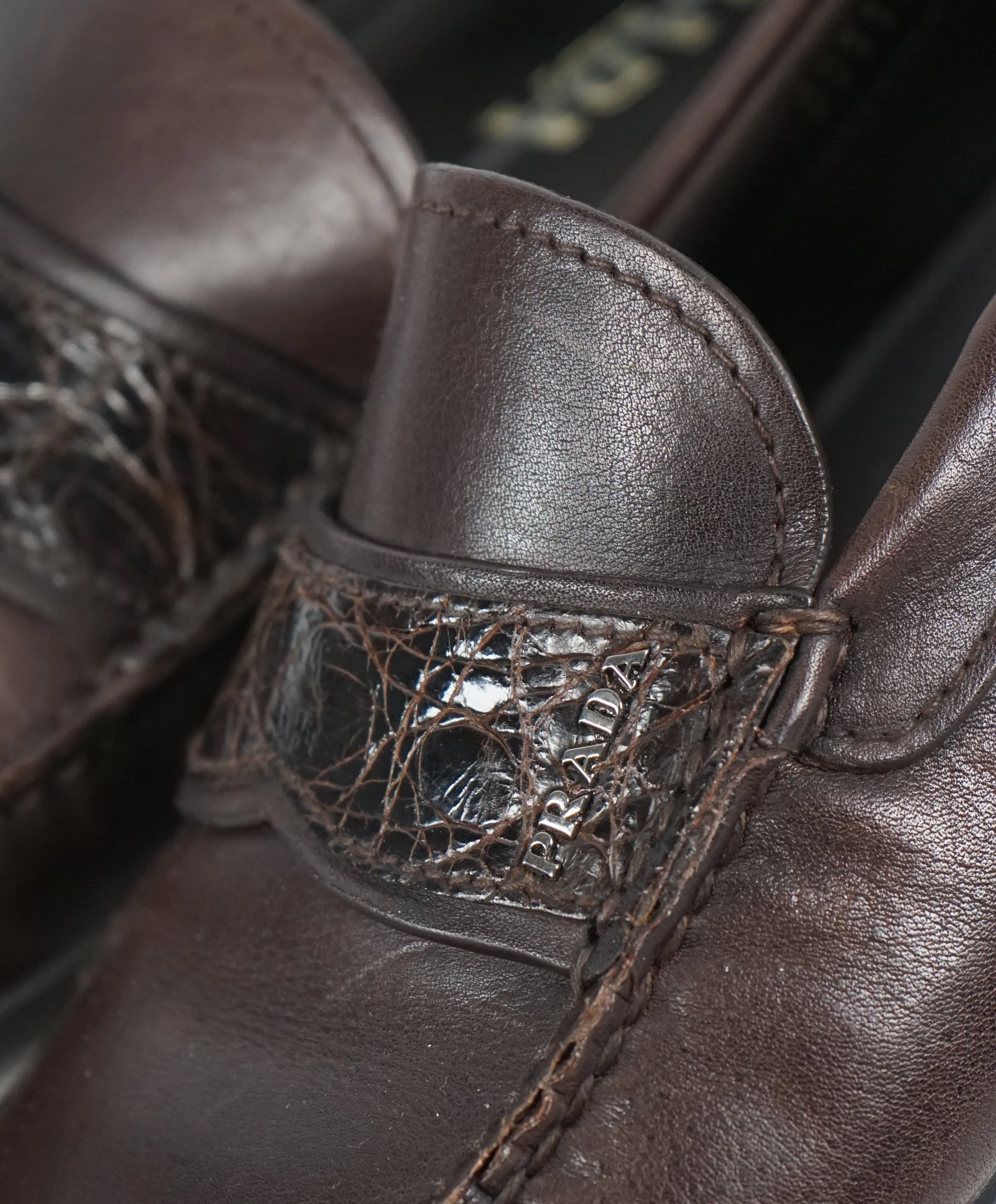PRADA - Genuine Crocodile Skin Strap Driving Loafers Brown - 10.5
