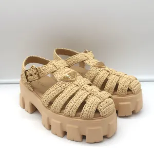 Prada Monolith Raffia Fisherman Sandals Natural Size 38