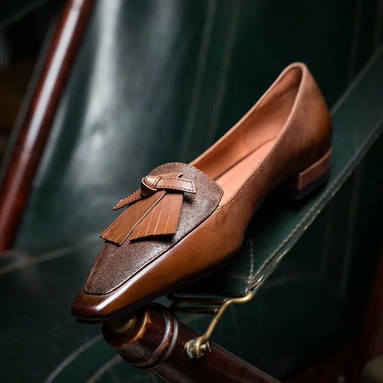 Red Brown Black Fringe Leather Loafers #001022