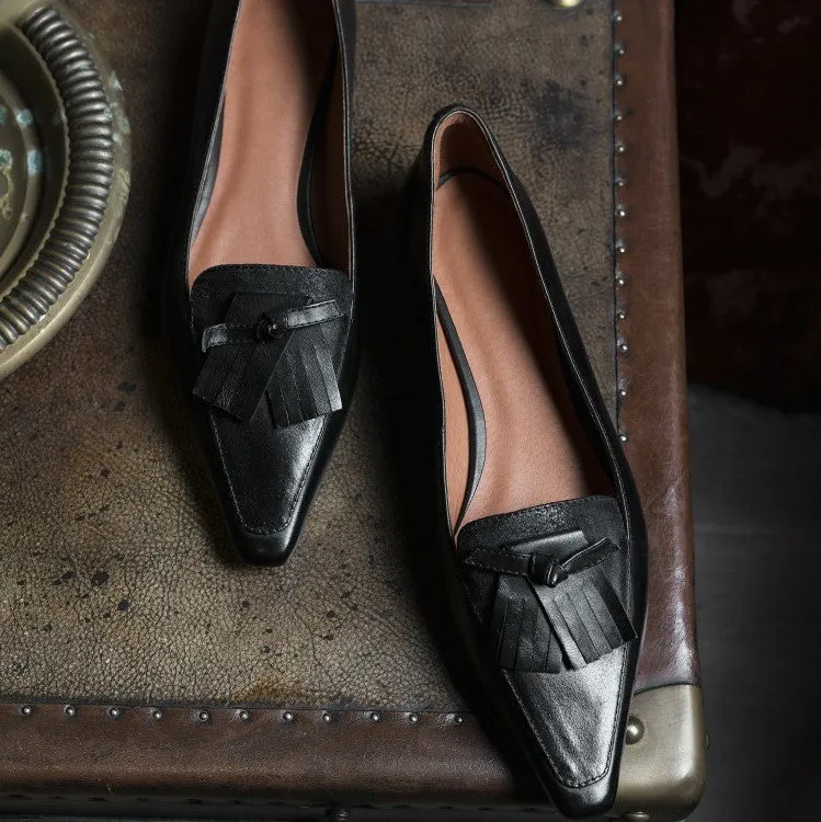 Red Brown Black Fringe Leather Loafers #001022