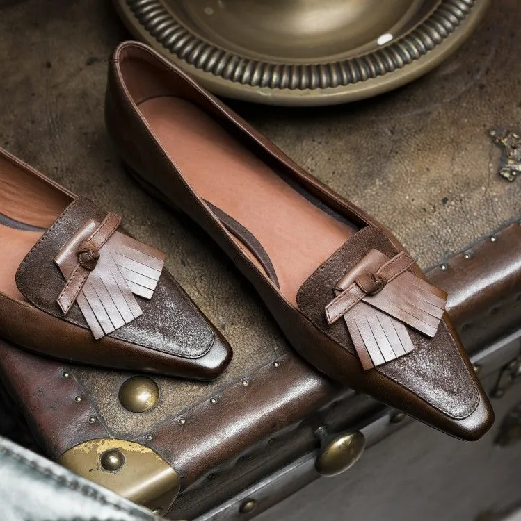 Red Brown Black Fringe Leather Loafers #001022