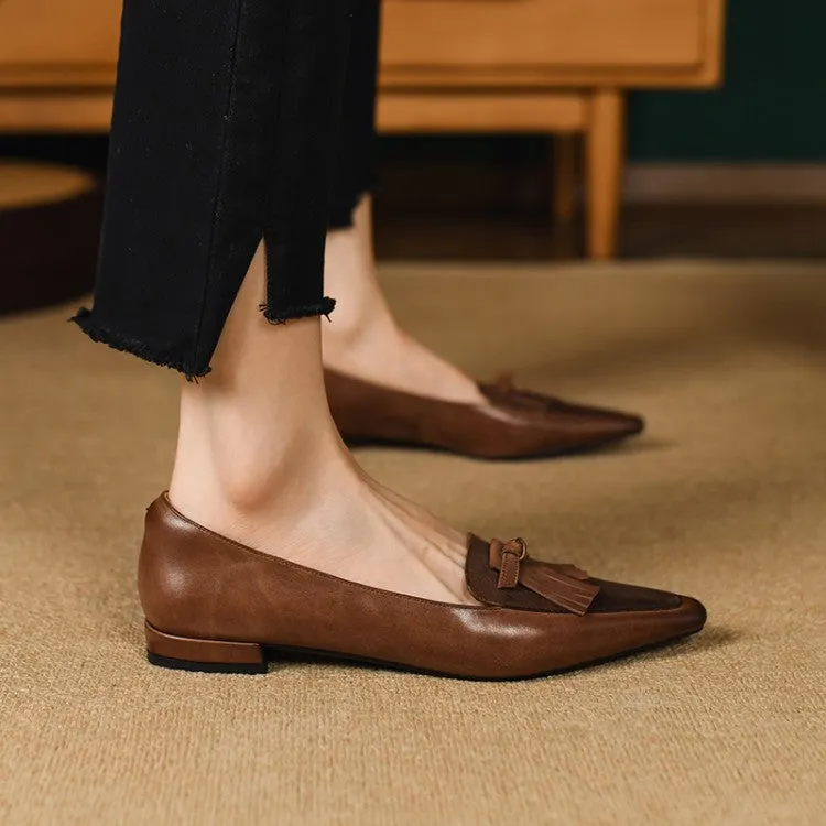 Red Brown Black Fringe Leather Loafers #001022