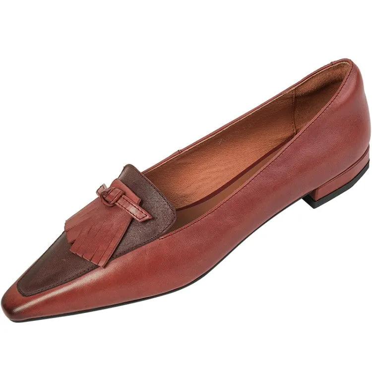 Red Brown Black Fringe Leather Loafers #001022