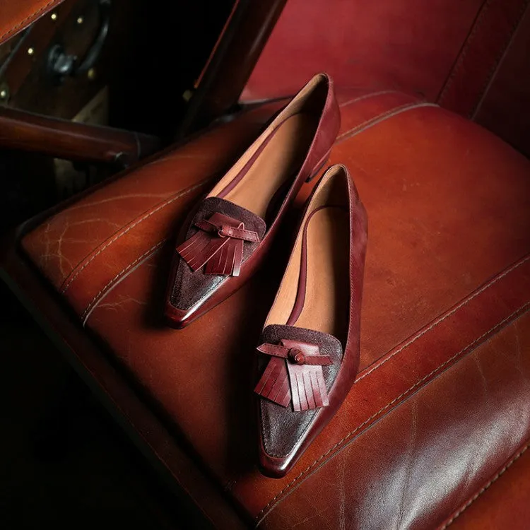 Red Brown Black Fringe Leather Loafers #001022