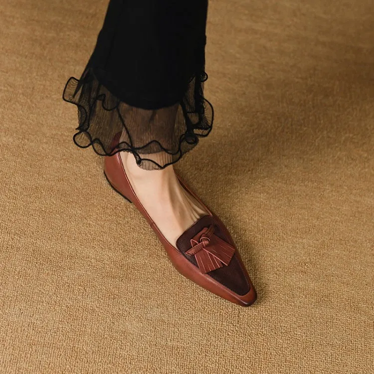 Red Brown Black Fringe Leather Loafers #001022