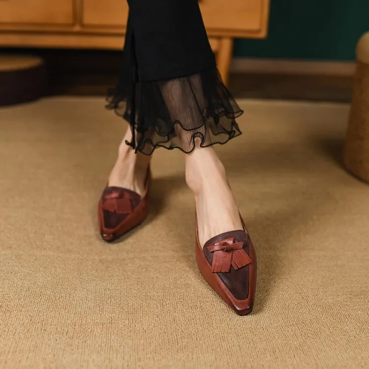 Red Brown Black Fringe Leather Loafers #001022