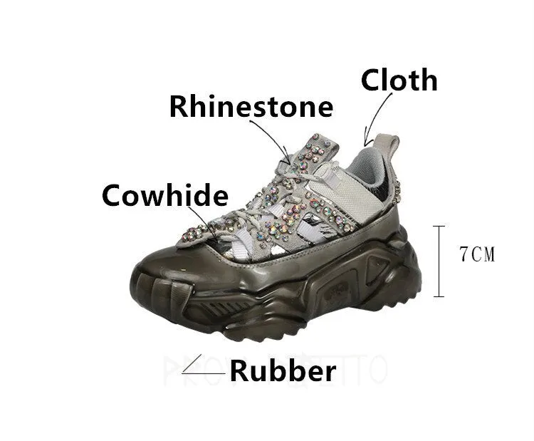 Rhinestone Splice Genuine Leather Sneakers Women and Couples Round Toe Dad Shoes Woman Comfortable Street Shoes