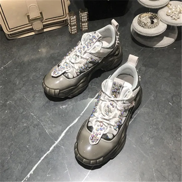 Rhinestone Splice Genuine Leather Sneakers Women and Couples Round Toe Dad Shoes Woman Comfortable Street Shoes