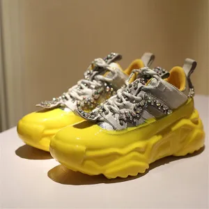 Rhinestone Splice Genuine Leather Sneakers Women and Couples Round Toe Dad Shoes Woman Comfortable Street Shoes