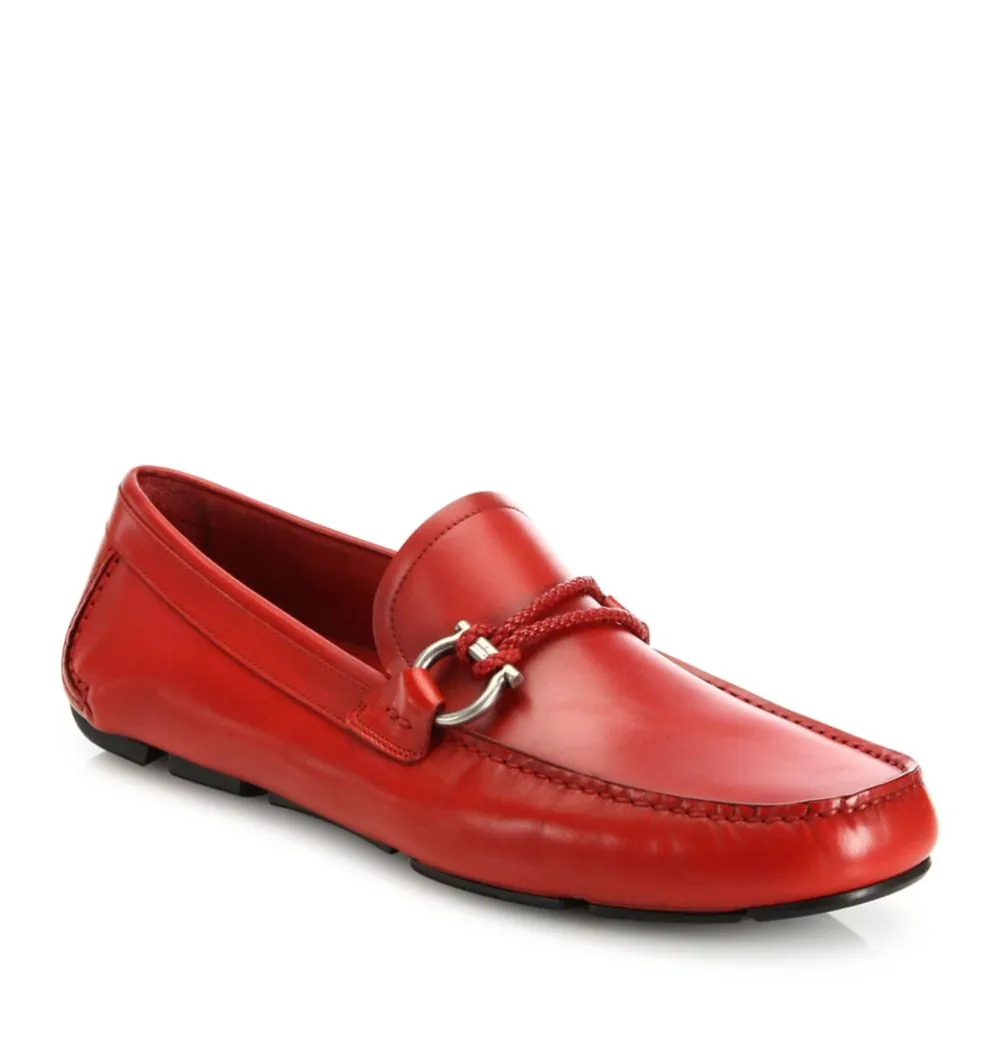 SALVATORE FERRAGAMO - “Gancio” Red Braided Leather Logo Loafers - 13 D