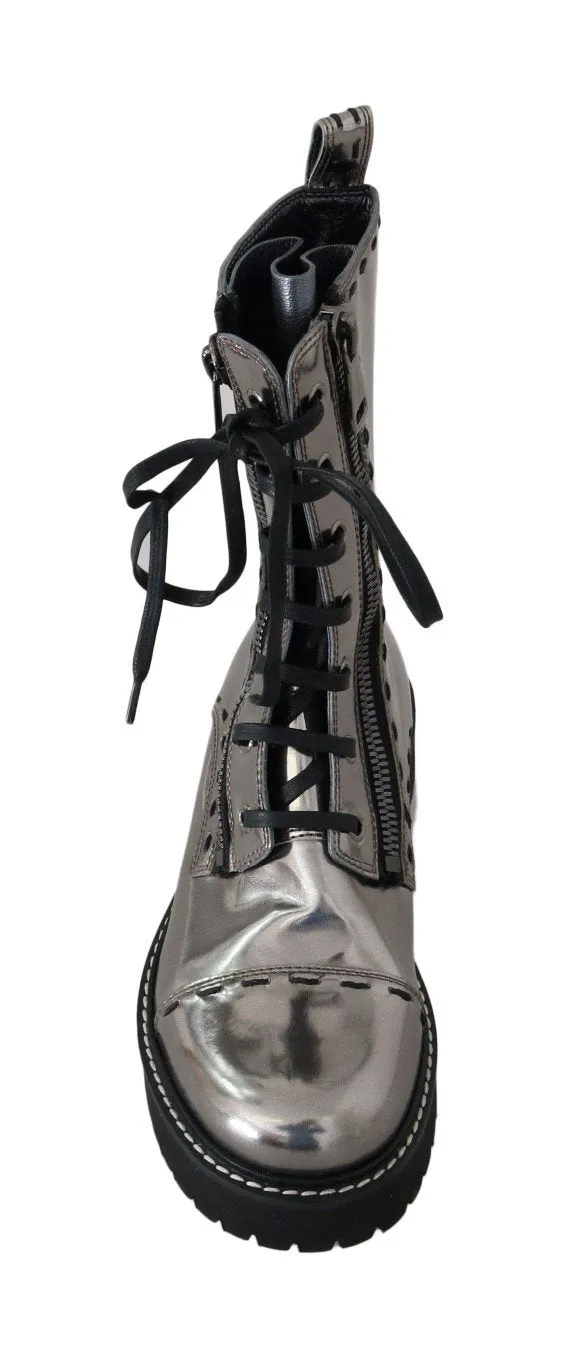 Silver Leather Zipper Mid Calf Boots