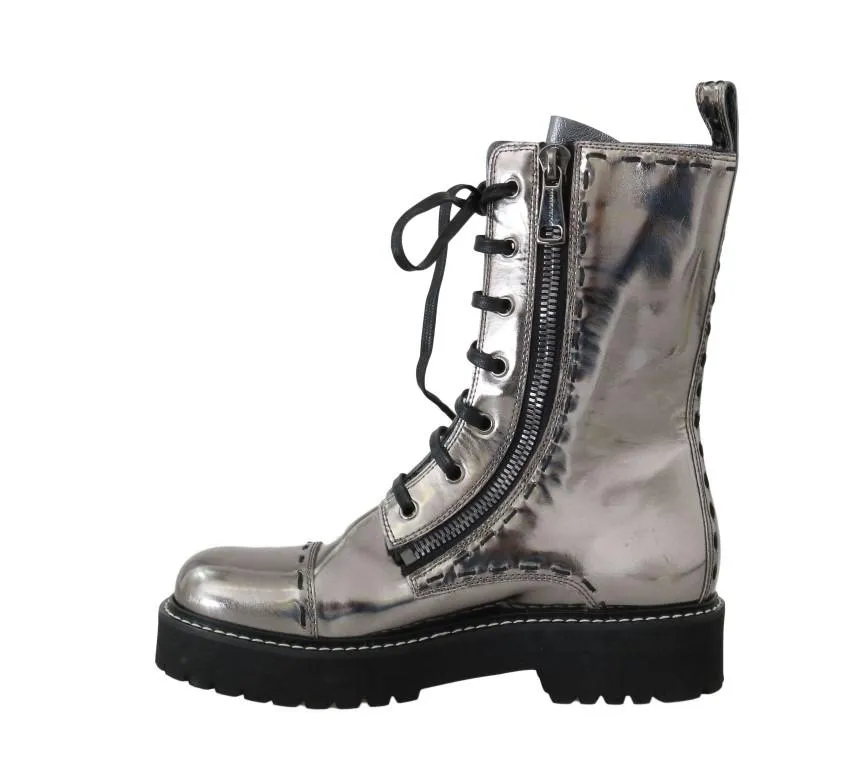 Silver Leather Zipper Mid Calf Boots