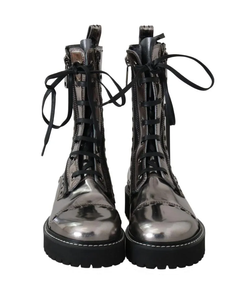 Silver Leather Zipper Mid Calf Boots