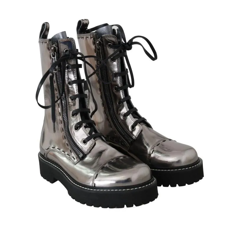 Silver Leather Zipper Mid Calf Boots