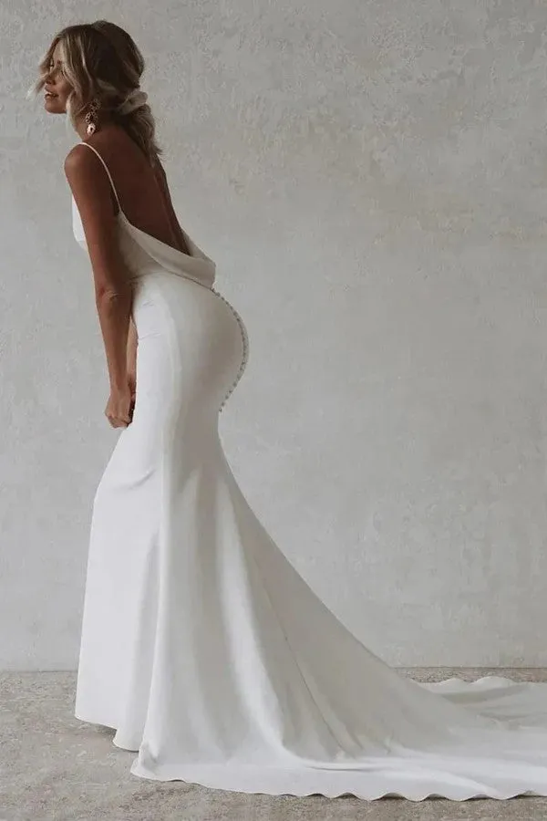 Simple Mermaid V-Neck Elastic White Satin Long Wedding Dress TD0016