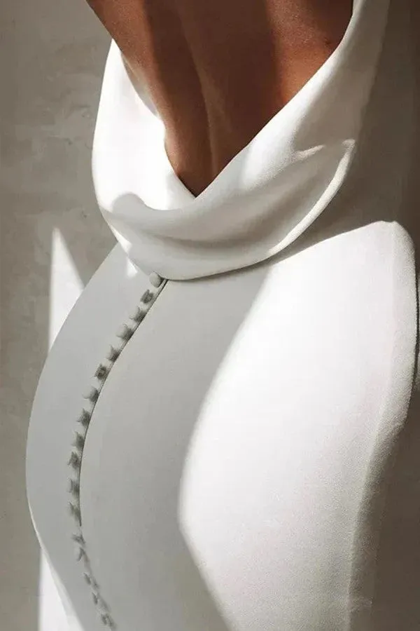 Simple Mermaid V-Neck Elastic White Satin Long Wedding Dress TD0016