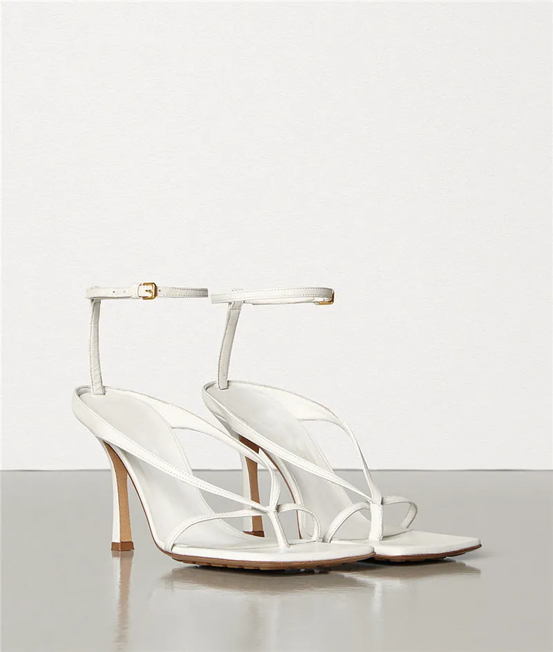 Square-toe Sheepskin Nude Color Stiletto Sandals