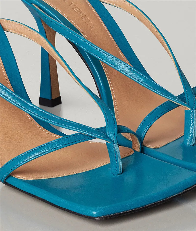 Square-toe Sheepskin Nude Color Stiletto Sandals
