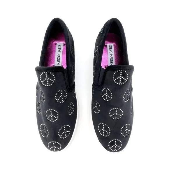 Steve Madden Sneakers Black Velvet Peace Sign Women’s Size 5 = Kids Size 3 New