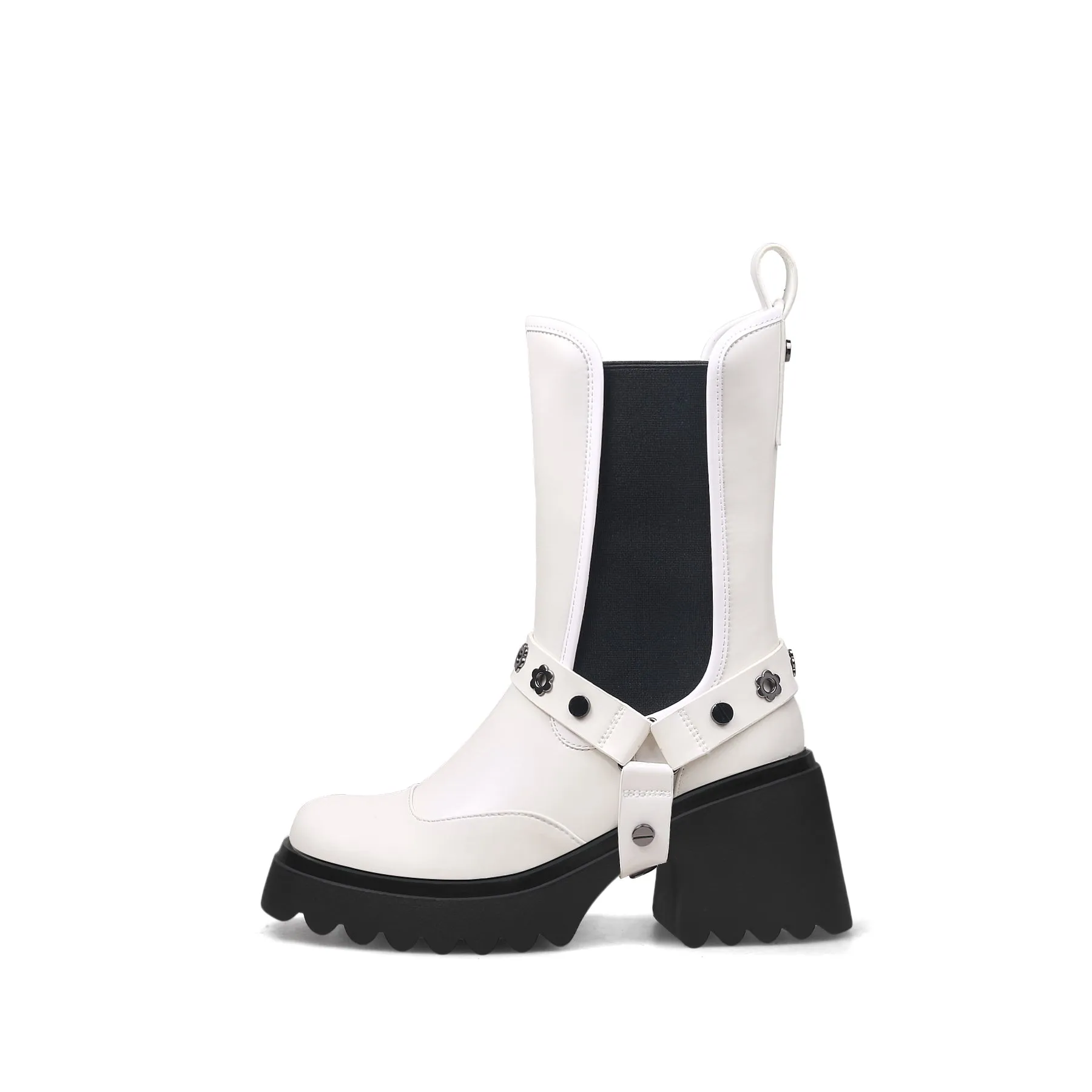Strap Rivet Leather Chelsea Boot - Ivory