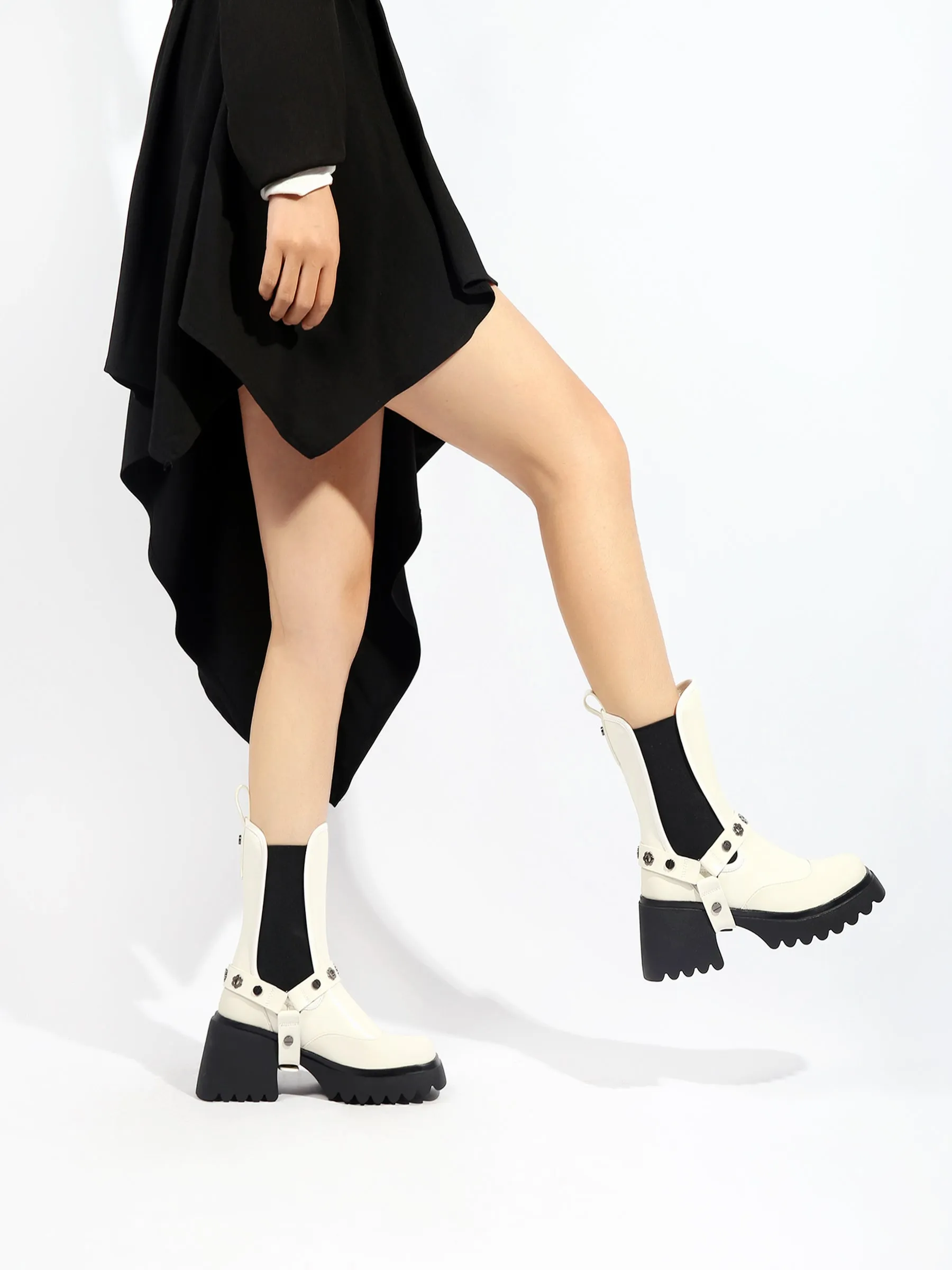 Strap Rivet Leather Chelsea Boot - Ivory