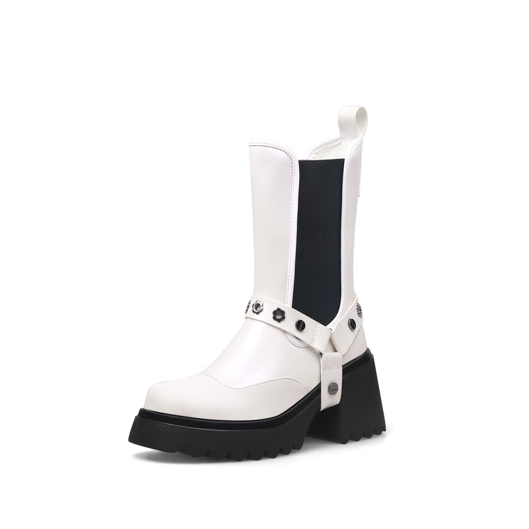 Strap Rivet Leather Chelsea Boot - Ivory